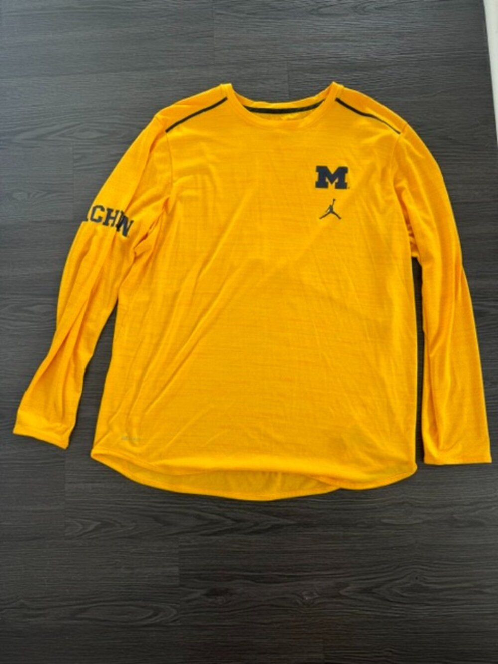 Nike Jordan Brand Michigan Wolverines Long Sleeve Shirt Size XL Maize Dri-Fit